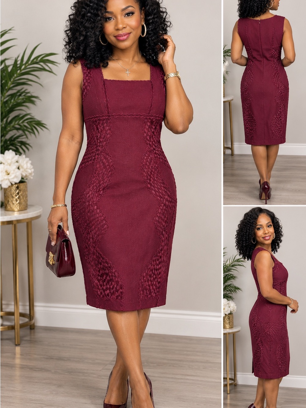 Square-Neck Midi Sheath Dress in Burgundy